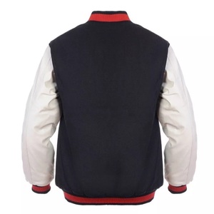 Chaqueta universitaria bomber de lana negra personalizada con mangas de cuero blanco, cuello alto, estilo urbano, cortavientos y transpirable - Product Image 2