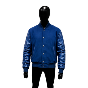 Blouson Bomber Bleu Premium Style Varsity avec Manches en PU Col Rabattu Coupe Droite Décontractée Idéal pour l'Automne - Product Image 1