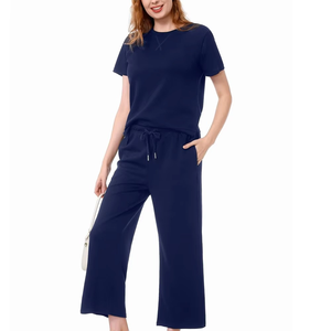 Conjunto Deportivo Casual Azul Marino para Mujer, Manga Corta, Cuello Redondo, Corte Holgado, Pantalones hasta el Tobillo, Bolsillos Laterales, Ropa de Verano - Product Image 5
