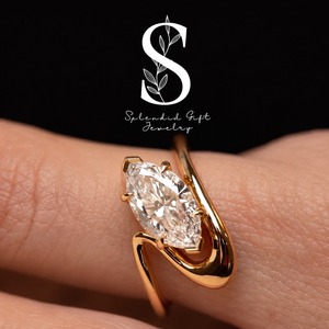 Anillo de compromiso de moissanita con corte marquesa, anillo de doble banda único, anillo de boda de diamante marquesa, anillo de oro amarillo, anillo de promesa para ella. - Product Image 1