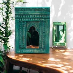 Vintage Wooden Vertical Mirror <b>Frame</b> Handcrafted Distressed Green Finish <b>Wall</b> Hanging Living Room Decor - Product Image 1