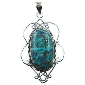 Pendentif en azurite chrysocolle naturelle, argent sterling 925, fait main, filigrane vintage, ovale, bijou cadeau pour femme - Product Image 1