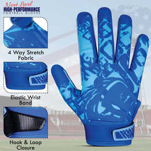 Gants de football américain personnalisés, à doigts complets, légers, avec grip, pour receveur, sangle de poignet réglable, unisexe, bleus, sports d'hiver SPORTS - Product Image 3