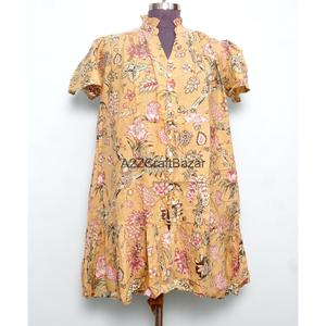 Robe Courte Femme 100% Coton Tricotée Col V Manches Courtes Taille Haute Coupe Évasée Imprimé Floral Numérique Lavable Respirante Style Bohème - Product Image 2