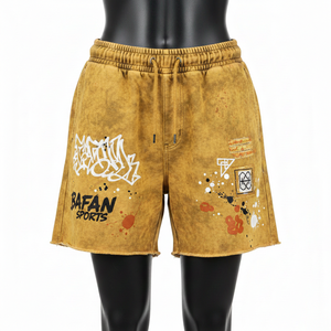 กางเกงขาสั้นผ้าฝ้ายฟลีซหนา 300 GSM ล้างสีแบบแอซิดวอช สีมัสตาร์ด ลายพิมพ์สกรีนโลโก้แบบกำหนดเอง ทรงลำลองสำหรับผู้หญิง - Product Image 4