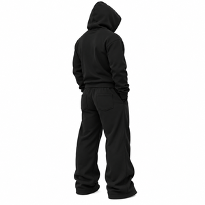 Ensemble de survêtement unisexe noir à capuche avec fermeture éclair intégrale et poches latérales, coupe classique, streetwear décontracté, vêtements d'automne, pantalon de survêtement 100% coton - Product Image 4