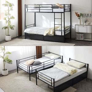 Letto a Castello Convertibile Nero con 2 Cassetti Portaoggetti, Divano Letto in Metallo Divisibile per Bambini e Ragazzi - Product Image 2