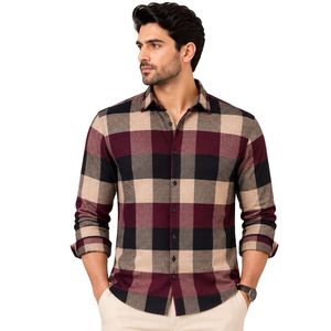 Chemise à manches longues pour homme en coton à carreaux Buffalo bordeaux, noir et beige, décontractée, boutonnée, personnalisable, vente en gros - Product Image 1
