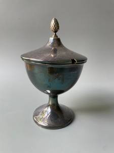 Antique Silver Plated Sugar Bowl with Lid & Spoon, <b>Trophy</b> <b>Cup</b> Style - Product Image 1