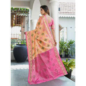 Sari Patola en organza de pêche chinois traditionnel tissé Zari Elite Weaves 600g - Product Image 4