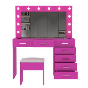Large Lighted 12 LED <b>Mirror</b> <b>Makeup</b> Vanity Desk Set with 7 Drawers Glass Top Dressing Vanity Table with Power Outlet - Product Image 5