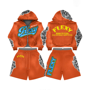 Custom Puff Print Logo Two Piece <b>Set</b> For Men Women Clothing Cut <b>Sew</b> Joggers Sweatsuit Streetwear Cropped Hoodie and Shorts <b>Set</b> - Product Image 4