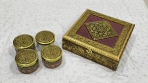 Gold-Plated Decorative Dry Fruit Box <b>Set</b> with Four Matching Glass Jars Elegant Handcrafted Royal Meenakari Work Gift Box - Product Image 2