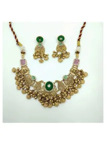 Heavy Choker Necklace <b>Set</b> with Green Stone Center Coin <b>Beads</b> and Matching Earrings Traditional <b>Set</b> - Product Image 2