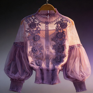 Oferta especial en Temu: Blusa elegante de encaje morado con bordado y malla para mujer, cuello alto, manga abullonada, top transparente. - Product Image 2