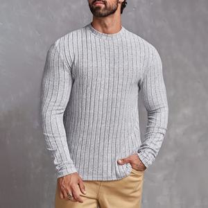 Mens Light Grey Ribbed Knit Sweater Long Sleeve Crew Neck Pullover Casual Slim Fit Soft Stretch Winter Top - Product Image 1