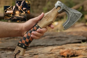 Hache utilitaire de qualité industrielle supérieure, manche en bois, tête à lame barbelée, acier au carbone, pour survie en extérieur, motif personnalisé, cuir - Product Image 2
