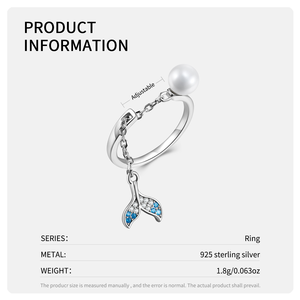 925 Sterling Silver Ocean Fish Tail <b>Ring</b> for <b>Couple</b> Simple Style Mermaid Tail Pearl <b>Ring</b> Artificial Zircon - Product Image 4