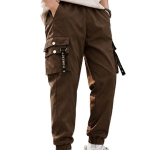 Pantalon cargo marron pour homme, taille élastique, plusieurs poches, style décontracté, tissu en toile, vêtements d'automne, pantalon cargo d'entraînement pour homme - Product Image 1