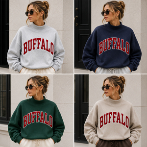 <b>Top</b> Trending Football Tailgate Party Wear Buffalo <b>Mock</b> <b>Neck</b> Sweatshirt Custom Chenille Letter Print Academic Youth Club Jumper - Product Image 3