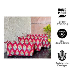 Red Yellow Hand Block Print Quilted Floral Cotton Cosmetic Bag Set Portable Zip Closure PVC Lining Durable Travel Storage Gift - Product Image 2