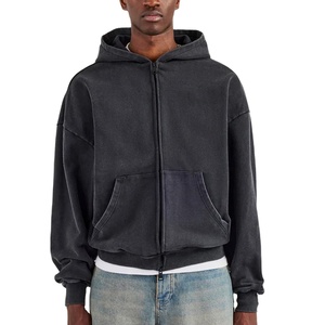 Fabricante de sudaderas con capucha de algodón grueso personalizadas, chaqueta con capucha extragrande con cremallera completa, ropa urbana de primera calidad con lavado ácido. - Product Image 1