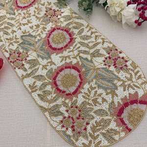 Handmade Luxury Floral Fabric Eco-Friendly <b>Table</b> <b>Runner</b> Bohemian Style <b>Teal</b> Pink White Customized Shape Mats Pads - Product Image 6