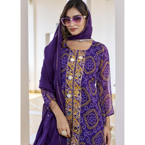 ชุดคุรตีพิมพ์ลายสีม่วงสำหรับผู้หญิงพร้อมผ้าคลุมไหล่ |   ชุดสูทงานเลี้ยงสไตล์ชาติพันธุ์สำหรับนักออกแบบ - Product Image 2