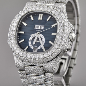 Reloj de Lujo para Hombre de Acero Inoxidable con Diamantes, Caja Redonda, Movimiento de Cuarzo Analógico, Cierre Desplegable, Esfera Azul de 42 mm - Product Image 1