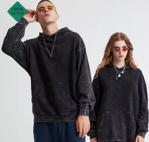 Unisex <b>Washed</b> Cotton Hoodie Oversized Casual Long Sleeve Solid Color Pullover Sweatshirt with Drawstring and Side Pockets - Product Image 3