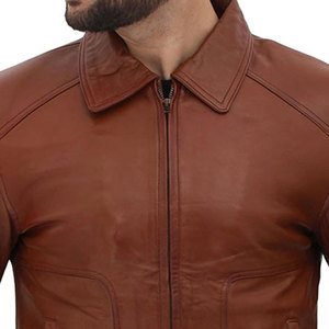 Men's Genuine <b>Leather</b> <b>Biker</b> <b>Jacket</b> Stand Collar Zipper Closure Slim Fit Solid Color Winter Wear Waterproof Breathable Windproof - Product Image 3