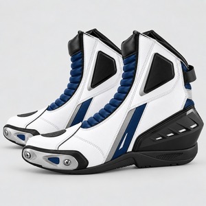 Bottes de moto en cuir blanc et bleu, haute tige, avec protection renforcée des orteils et du talon pour moto - Product Image 5