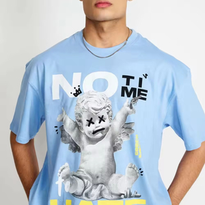 Men's <b>Light</b> Blue Oversized Cotton Jersey T-Shirt O-<b>Neck</b> Short Sleeve Street Style With Front Print Pattern - Product Image 6