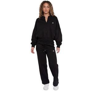 Black Cotton Fleece Women Tracksuit Jogger Sets <b>Drop</b> Shoulder Zip Up Hoodie 450GSM Heavyweight Ladies Activewear Export Quality - Product Image 1