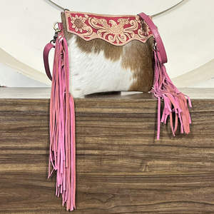Trending Pink Tooled Leather Cowhide Fringe Shoulder Bags Western Floral Eagle Pattern <b>Large</b> Capacity Evening Handbag for Ladies - Product Image 4