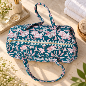 Bolsa de Viaje Acolchada de Algodón Azul Turquesa al por Mayor, Bolsa de Hombro para Fin de Semana con Estampado Botánico Rosa para Mujer - Product Image 5