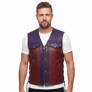 Gilet en cuir véritable pour homme, col en V, blocs de couleur, fermeture éclair, style moto, vêtement d'extérieur pour l'automne, respirant, écologique - Product Image 6