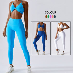 Ensemble 2 pièces de leggings taille haute pour femme, avec bretelles croisées et design torsadé, sans couture, couleur unie, pour le yoga - Product Image 2