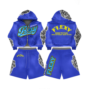 Custom Puff Print Logo Two Piece <b>Set</b> For Men Women Clothing Cut <b>Sew</b> Joggers Sweatsuit Streetwear Cropped Hoodie and Shorts <b>Set</b> - Product Image 1