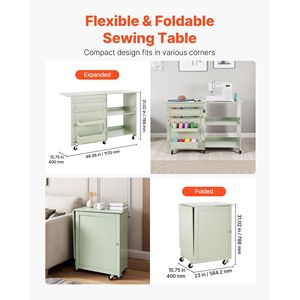 Mesa de Costura Plegable Multiusos Compacta con Ruedas, Soportes de Madera, Bandejas de Almacenamiento y Estante - para Hogar, Oficina o Sala de Costura - Product Image 3