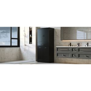 Mobiletto Nero per Bagno con Due Cesti Portabiancheria e Cassetti Organizzatori con Ante - Product Image 5