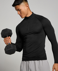 Camiseta Deportiva de Compresión Ligera Negra con Cierre de Cremallera, Manga Larga, Acanalada, Transpirable, Elástica, Corte Regular - Product Image 1