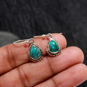 Boucles d'oreilles pendantes en forme de poire, turquoise vert, boucles d'oreilles en turquoise, argent sterling 925, faites à la main, bijoux pour femme, boucles d'oreilles pendantes - Product Image 1