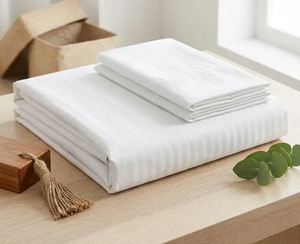 Draps de lit d'hôtel 300TC, ensemble de literie blanche, ensemble de draps avec rayures de 3 cm, draps 100% coton pour hôtels de luxe - Product Image 2