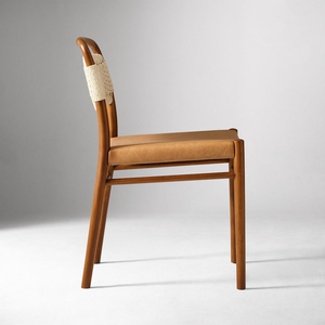 Minimalist Nordic Style Solid Wood Dining <b>Chair</b> with Comfortable Saddle Leather <b>Pad</b> and Woven Back - Product Image 3