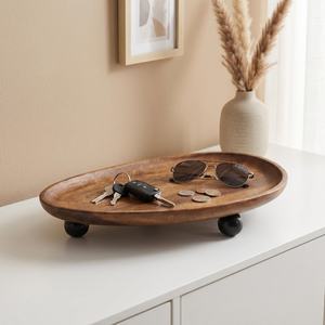 Oval Wood Decorative Tray With Feet Minimalist Design Handcrafted Wooden Platter For <b>Keys</b> Sunglasses And Small Items - Product Image 1