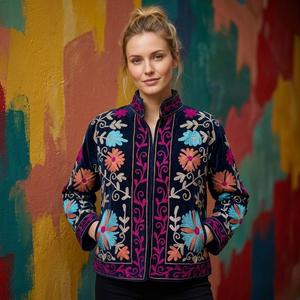 Women's Vintage Sujani Woven Velvet Hand Embroidered Bohemian Winter <b>Jacket</b> Indian Floral Design <b>Mandarin</b> <b>Collar</b> - Product Image 1