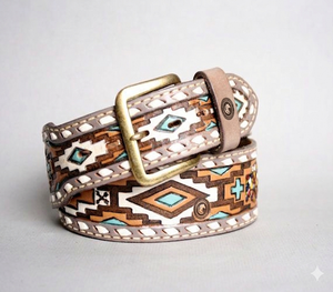Vintage handcrafted leather belt <b>engraved</b> floral <b>tooling</b> western cowboy style rustic waist strap casual fashion accessory unisex - Product Image 2