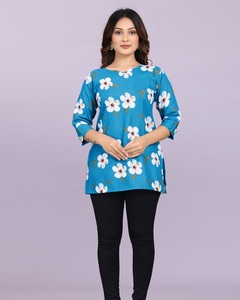 Women Wear Blue Floral Print Slub Cotton Short <b>Kurtis</b> Loose Fit Midi Length Casual Ethnic Wear India Casual Wear Tunic <b>top</b> - Product Image 1
