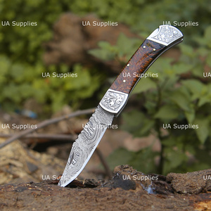 Handmade High Quality Damascus Steel Folding Knife Engraved Pine Cone Handle OEM ODM Pocket Knives with Leather Sheath Wholesale - Product Image 3